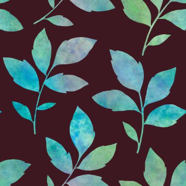 Yaprakları pürüzsüz desenler olan soyut dalların izleri. Suluboya desenli dijital el çizimi. Tertemiz suluboya desenleri bırakıyor. Tekstil dekoru ve tasarımı için sonsuz motif