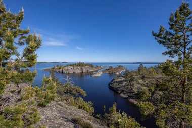 Göl üzerinde taşlarla kaplı bir orman manzarası. Gölde güneşli bir gün. Suyun içindeki gökyüzünün yansıması. Taş üstünde çam. Kuzeyin doğası.. 