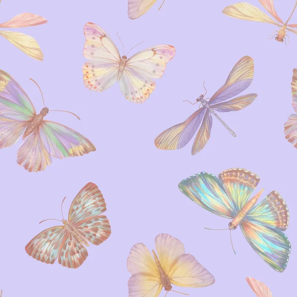 水彩蝴蝶无缝图案 混合介质中水彩画的蝴蝶摘要 纺织品 包装纸的植物学背景 — 图库照片