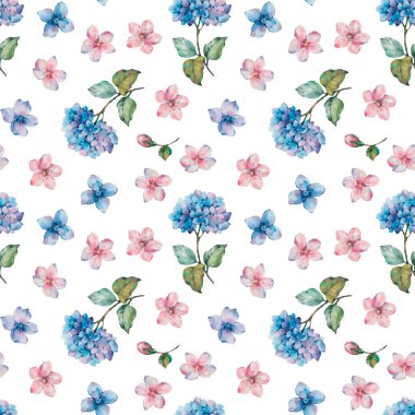 Suluboya çiçeklerinin kusursuz deseni. Tasarım için suluboya çizimi, narin çiçeklerle hazırlanmış pürüzsüz arkaplan