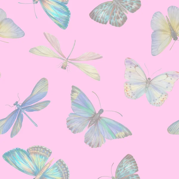 水彩蝴蝶无缝图案 混合介质中水彩画的蝴蝶摘要 纺织品 包装纸的植物学背景 — 图库照片