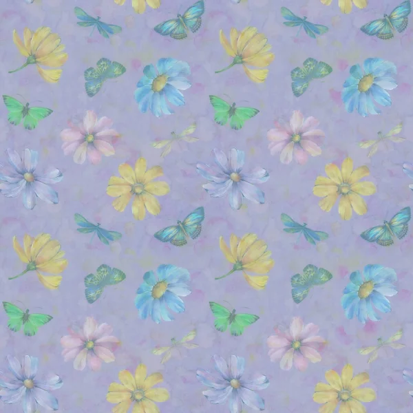 Abstrakt Botanisk Bakgrund Blommor Fjärilar Och Trollsländor Sömlös Prydnad För — Stockfoto