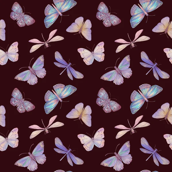 数字处理无缝植物学模式 动物主义设计的栅格纹理 精美的水彩蝴蝶 以无缝图案收集设计 — 图库照片