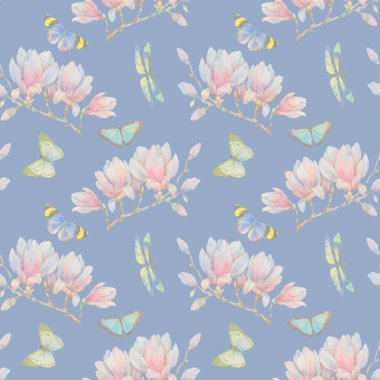 Kelebeklerin ve manolya çiçeklerinin kusursuz deseni. Tasarım için suluboya çizimi, narin çiçekler ve parlak kelebeklerle hazırlanmış kusursuz arkaplan.