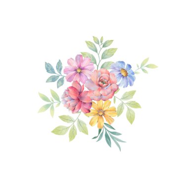 Beyaz arka planda yaprakları olan bir buket çiçek. Tasarım, davetiye ve baskı için parlak suluboya çiçekler