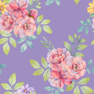 Tasarım, baskı, ambalaj için duvar kağıdı. Soyut bir buket çiçek. Kusursuz botanik desenli şakayık çiçekleri ve parlak bir arka planda yapraklar..