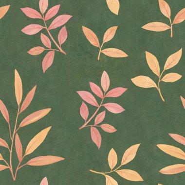 Kusursuz botanik desen. Kağıt üzerine çizilmiş suluboya yapraklar ve dizayn için bir süs haline getirilmiş. Soyut yeşil arkaplanda yaprakları olan dallar.