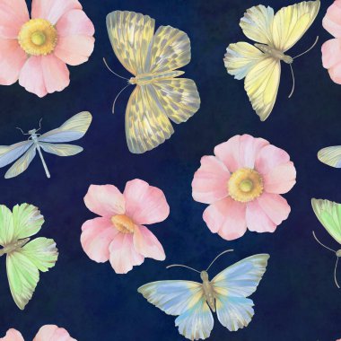 Kelebekler ve çiçeklerle kusursuz desen. Suluboya ve dijital illüstrasyon. Kusursuz botanik geçmişi. Tekstil, duvar kağıdı, ambalaj kağıdı, baskı için şablon tasarımı.