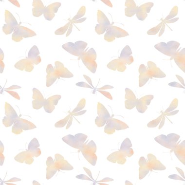 Dijital olarak işlenmiş, dikişsiz botanik desen. Hayvani tasarımın raster dokusu. Narin suluboya kelebekler tasarım için kusursuz bir desen oluşturdular..