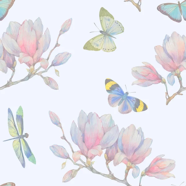 蝴蝶和木兰花的无缝图案 水彩画的设计 现成无缝的背景与精致的花朵和明亮的蝴蝶 — 图库照片