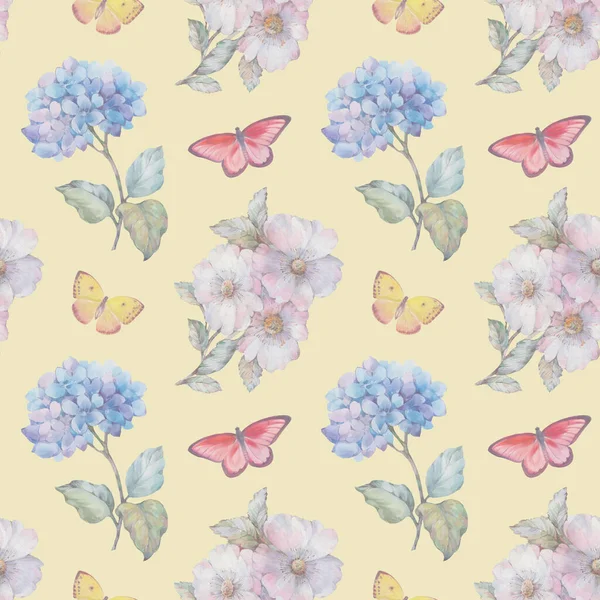 为设计而设计的水彩花和蝴蝶的栅格纹理 精美的水彩花和蝴蝶 以无缝图案收集 用于纺织品和墙纸 — 图库照片