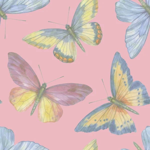 明亮的水彩蝴蝶以无缝的方式聚集在一起 用于设计 织物等彩色背景上的植物装饰 — 图库照片