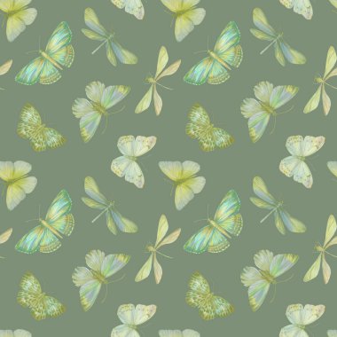Dijital olarak işlenmiş, dikişsiz botanik desen. Hayvani tasarımın raster dokusu. Narin suluboya kelebekler tasarım için kusursuz bir desen oluşturdular..