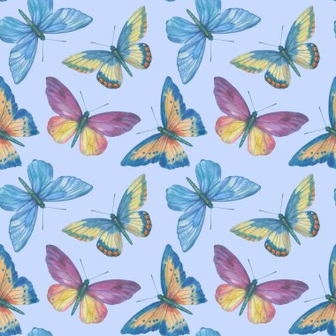 Renkli renksiz desenli, suluboya güzel kelebekler ve canlı bir arka plan çizilmiş. Suluboya kelebek desensiz el çizimi dokusu