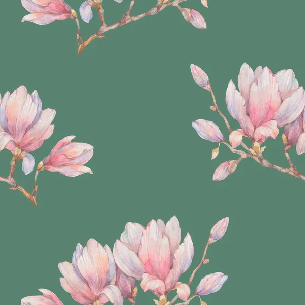 Płynny Wzór Kwiatów Magnolii Ilustracja Akwarela Projektowania Gotowe Bezszwowe Tło — Zdjęcie stockowe