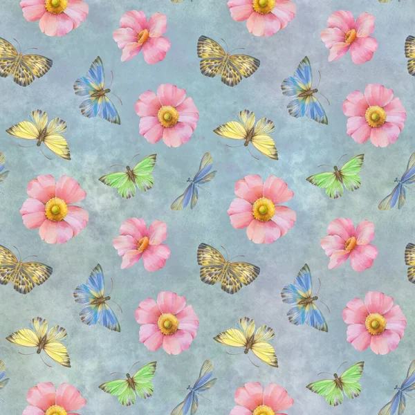 Kelebekler ve çiçeklerle kusursuz desen. Suluboya ve dijital illüstrasyon. Kusursuz botanik geçmişi. Tekstil, duvar kağıdı, ambalaj kağıdı, baskı için şablon tasarımı.