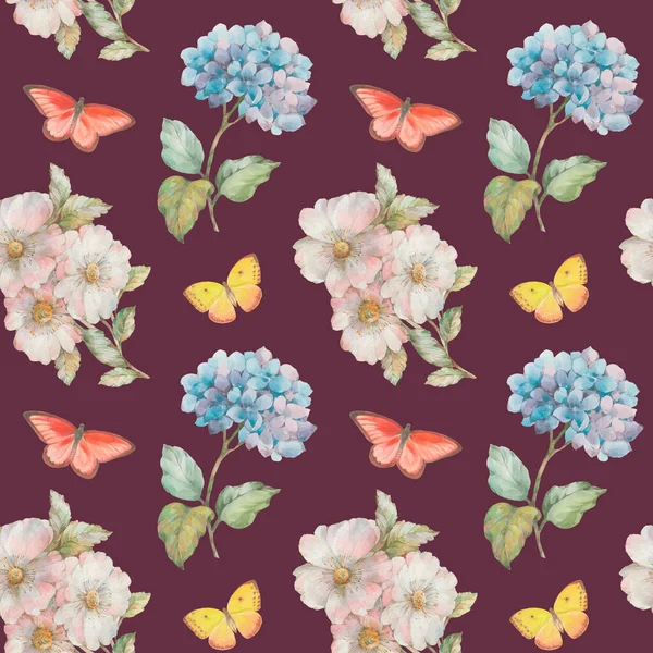 Raster Textura Flores Acuarela Mariposas Para Diseño Delicadas Flores Acuarela —  Fotos de Stock