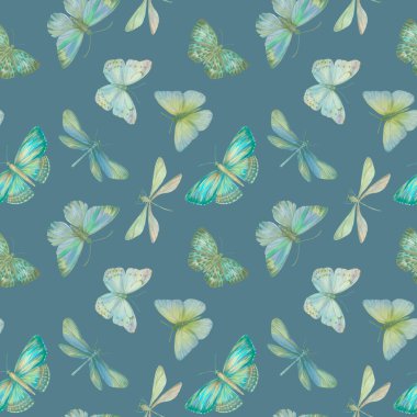 Dijital olarak işlenmiş, dikişsiz botanik desen. Hayvani tasarımın raster dokusu. Narin suluboya kelebekler tasarım için kusursuz bir desen oluşturdular..