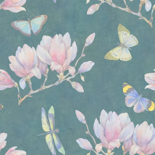 Modello Senza Cuciture Farfalle Fiori Magnolia Illustrazione Acquerello Design Sfondo — Foto Stock