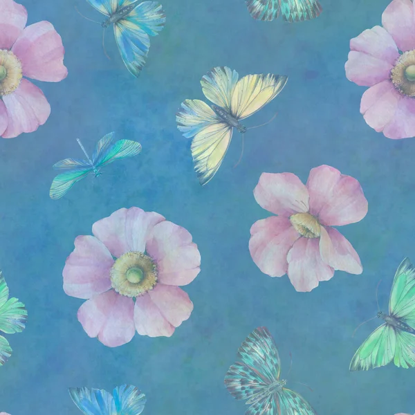 包装纸 印刷用无缝线装饰品 精美的花朵和蝴蝶被漆成水彩画 经过数字处理 抽象背景下的植物学模式 — 图库照片