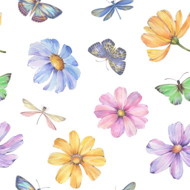 Çiçeksel, botanik kusursuz desen. Beyaz arka planda çiçeklerin suluboya süsü, kelebekler ve yusufçuklar.