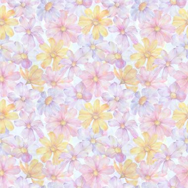 Dijital olarak işlenmiş suluboya çiçeklerin kusursuz botanik süsü. Soyut çiçek deseni. Tasarım, baskı, duvar kağıdı, ambalaj kağıdı için sanat arkaplanı.