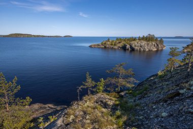 Göl üzerinde taşlarla kaplı bir orman manzarası. Gölde güneşli bir gün. Suyun içindeki gökyüzünün yansıması. Taş üstünde çam. Kuzeyin doğası.. 