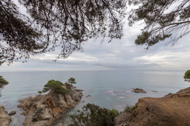 Akdeniz, İspanya, Costa Brava. Gök mavisi deniz manzarası. Gök mavisi sahillerinde çam ağaçları. Yeşilliklerle dolu güzel bir sahil..