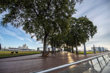 Sabahın erken saatlerinde şehir parkında, setin yanında. İnsanlar parkta köpeklerle yürür. Ağaçların arasından gün ışığı. Güzel sabah