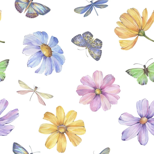 Blommigt Botaniskt Sömlöst Mönster Akvarell Prydnad Blommor Fjärilar Och Trollsländor Royaltyfria Stockbilder