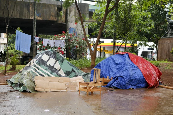 Homeless Peoples Tents Downtown Sao Paulo Brazil Rainy Day — Stock Photo, Image