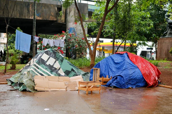 Hemlösa Tält Centrala Sao Paulo Brasilien Regnig Dag Stockbild