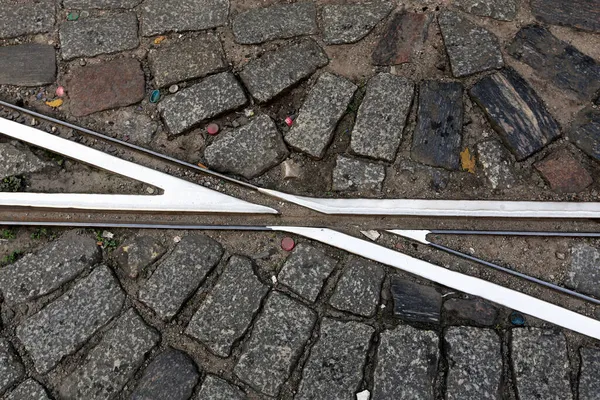 Die Straßenbahnschienen Die Wege Über Die Straßensteine Santos Brasilien Nachzeichnen — Stockfoto