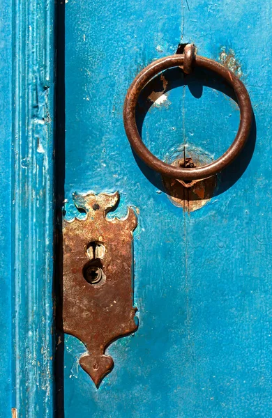 Antique Knocker Lock Old Blue Wooden Door Colonial City Santana — Fotografia de Stock