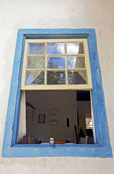 Closeup Colonial Blue Window White Wall Typical Brazilian Old Farms — Foto de Stock