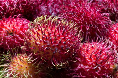 Rambutan yığını market tezgahına yakın. Sao Paulo şehri, Brezilya