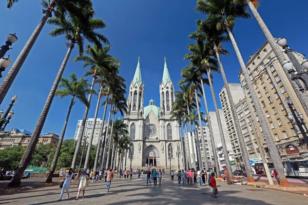 Perspektiv Utsikt Över Katedralen Sao Paulo Fasad Med Människor Framåt — Stockfoto