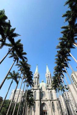 Sao Paulo Metropolitan Katedrali 'nin perspektif manzarası, ya da dünyanın en büyük beş neo Gotik tapınağından biri olan Se Katedrali. Brezilya