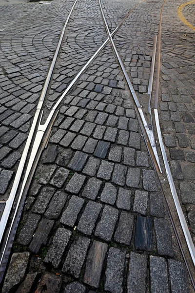 Rälsen Spårar Vägar Över Gatan Stenar Gamla Centrum Santos Stad — Stockfoto