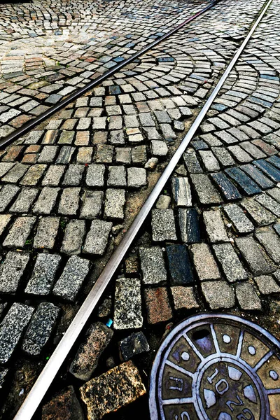 Streetcar Rails Tracing Ways Street Stones Old Downtown Santos City — Stock Photo, Image