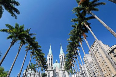 Sao Paulo Metropolitan Katedrali 'nin perspektif manzarası, ya da dünyanın en büyük beş neo Gotik tapınağından biri olan Se Katedrali. Brezilya