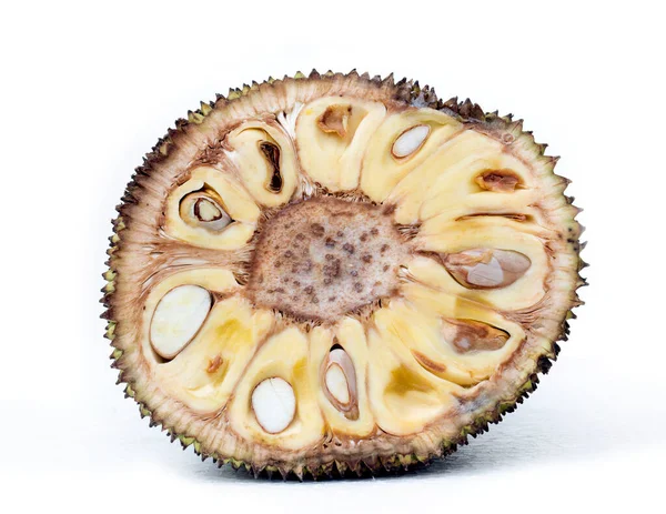 Sluiten Van Gesneden Jackfruit Met Bessen Zaden Witte Achtergrond — Stockfoto
