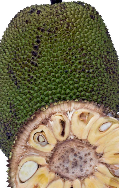 Close Van Gesneden Jackfruit Met Bessen Zaden Schors Textuur Achtergrond — Stockfoto