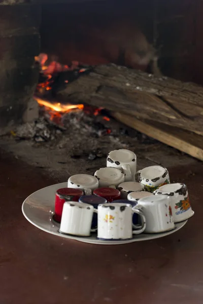 Kleurrijke Geëmailleerde Koffiepot Kopje Traditionele Gewoonte Van Braziliaanse Landelijke Cultuur — Stockfoto