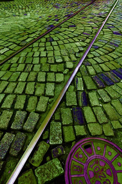 Streetcar Rails Tracing Ways Street Stones Old Downtown Santos City — Stock Photo, Image