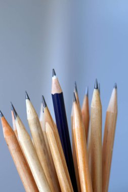 Kalem mavi ışın ışık arka plan üzerinde doğal ahşap kalemler üzerinde odak