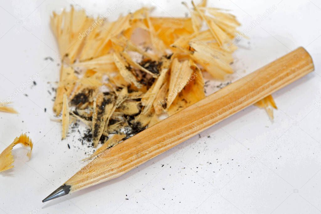Stump of natural wood pencil with wood chips and graphite, on white background