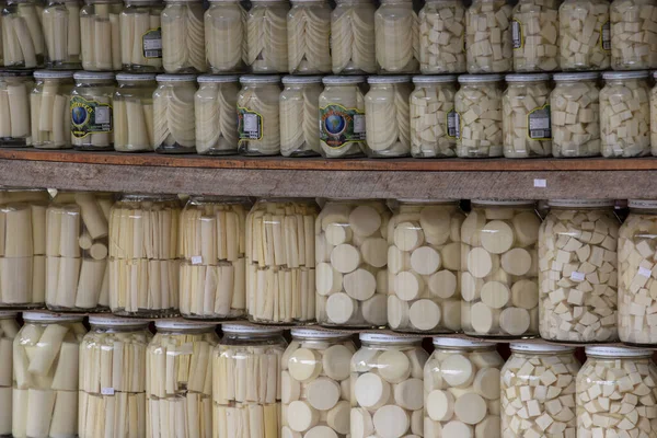 Canned Palm Hearts Glass Jars Shelf Outdoor Market — Stock Photo, Image