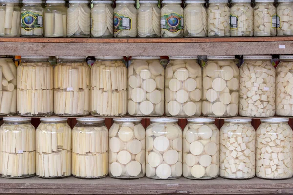 Canned Palm Hearts Glass Jars Shelf Outdoor Market — Stock Photo, Image