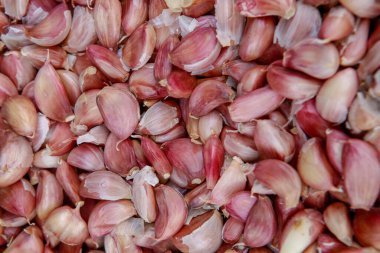 Açık hava pazarında satılık bir avuç soyulmamış sarımsak. Sao Paulo şehri, Brezilya